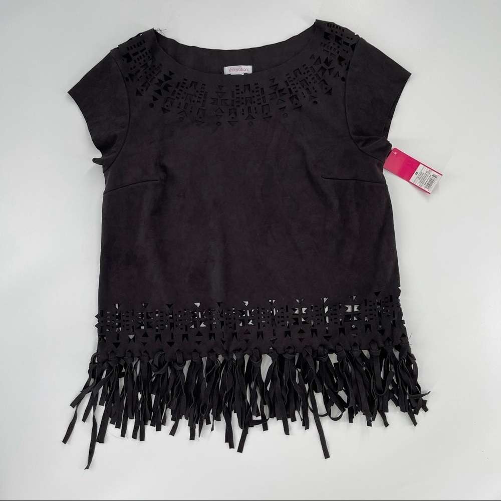 Black Suede Fringe Detailed Top - Picture 1 of 5